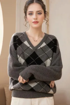 100 Cashmere Chunky Argyle V-Neck Sweater