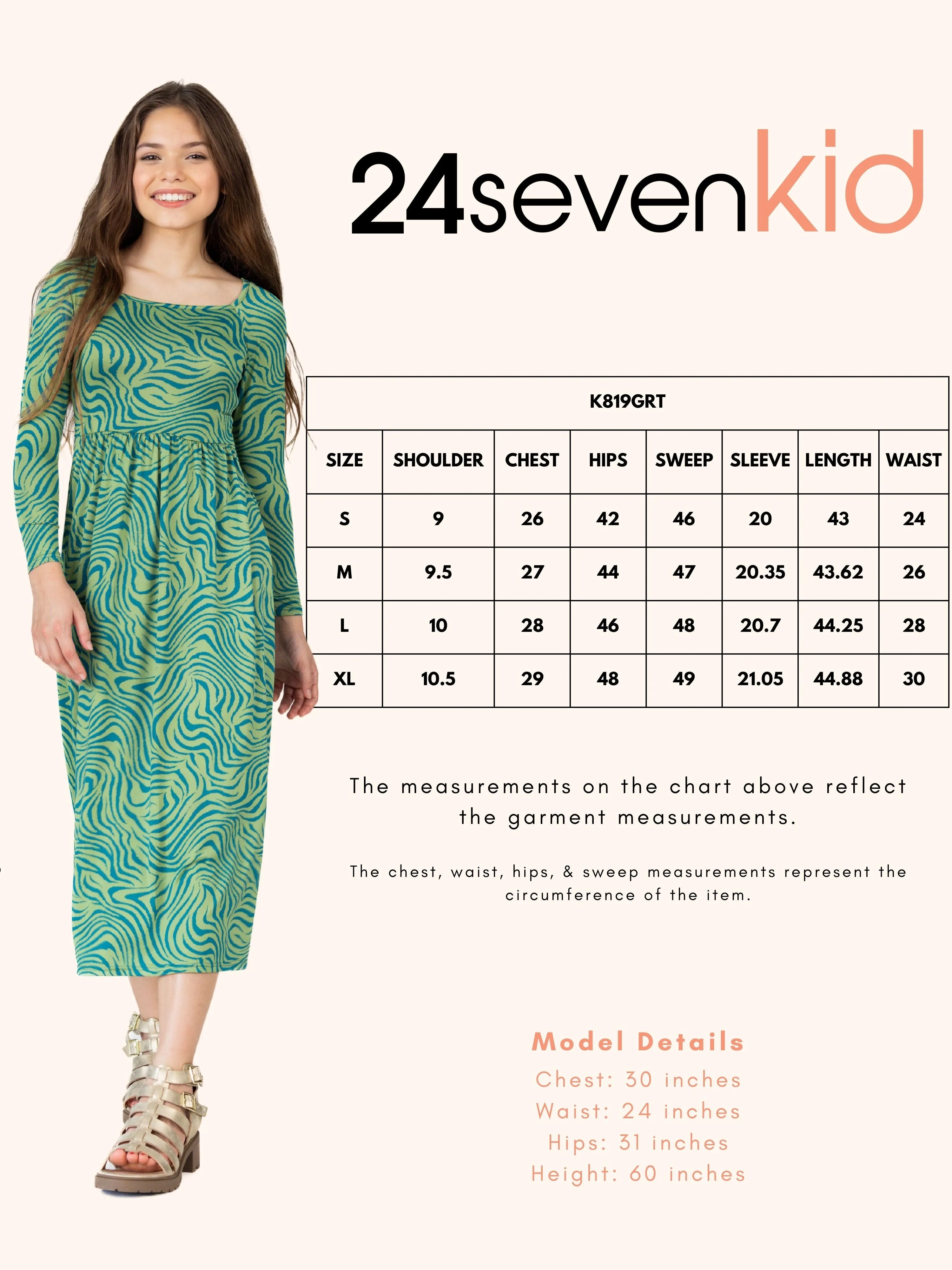 24seven Comfort Apparel Green Print Girls Long Sleeve Maxi Dress