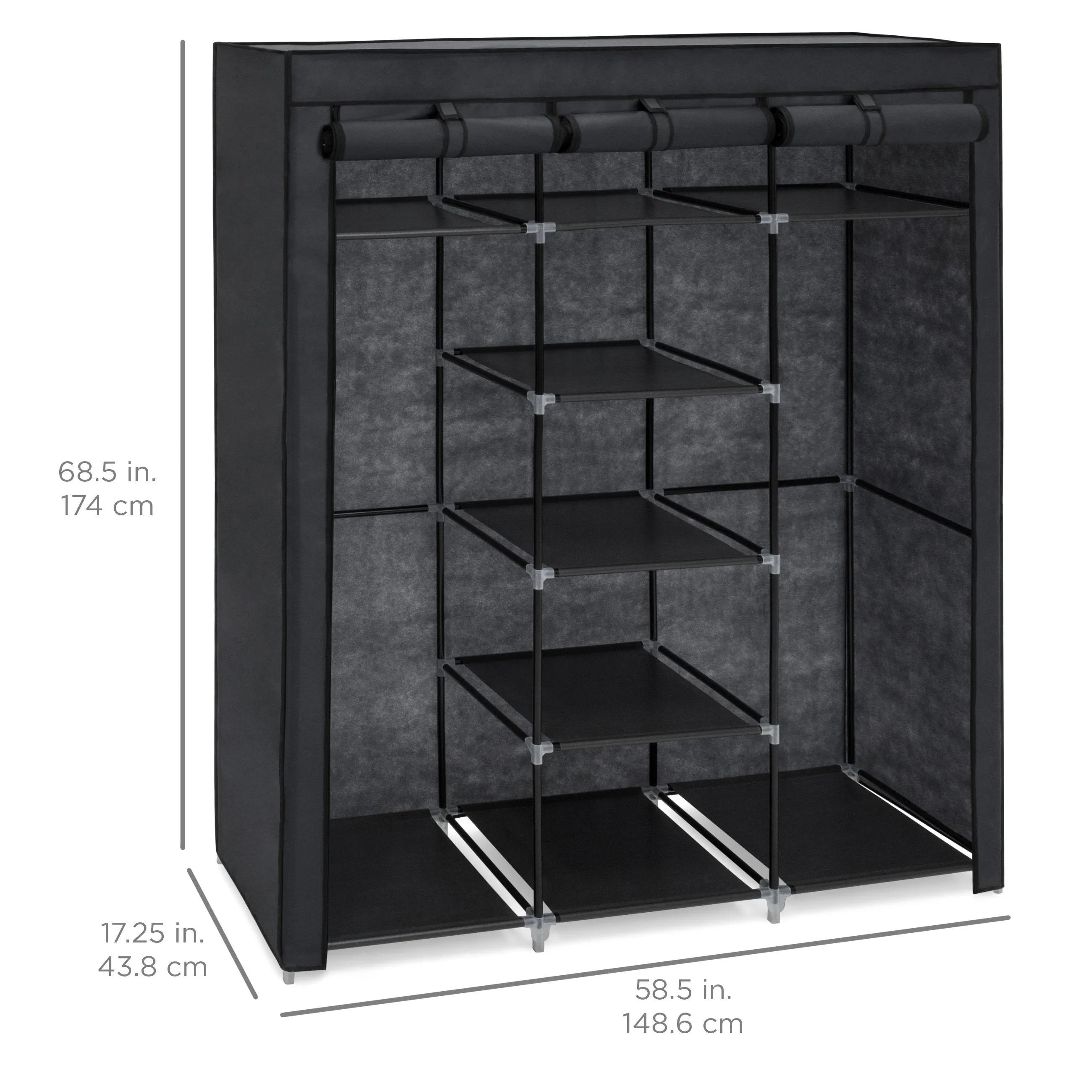 9-Shelf Portable Fabric Closet w/ Cover and Adjustable Rods - Black