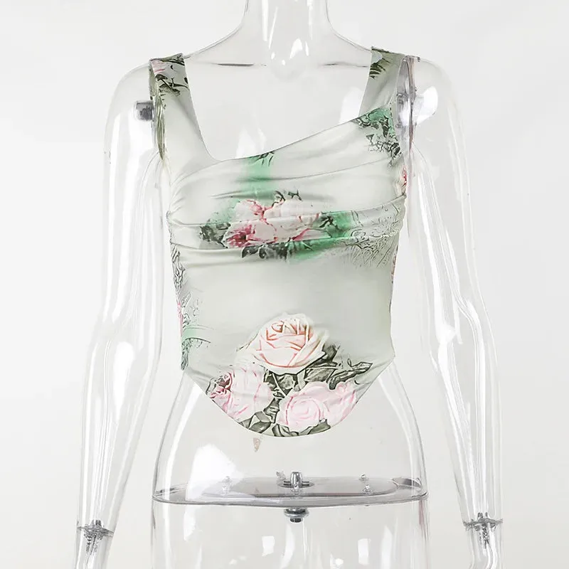Aiertu Sexy summer suit Rose printed cultivate one's morality fashion suits Condole belt vest Tall waist sexy open fork skirt