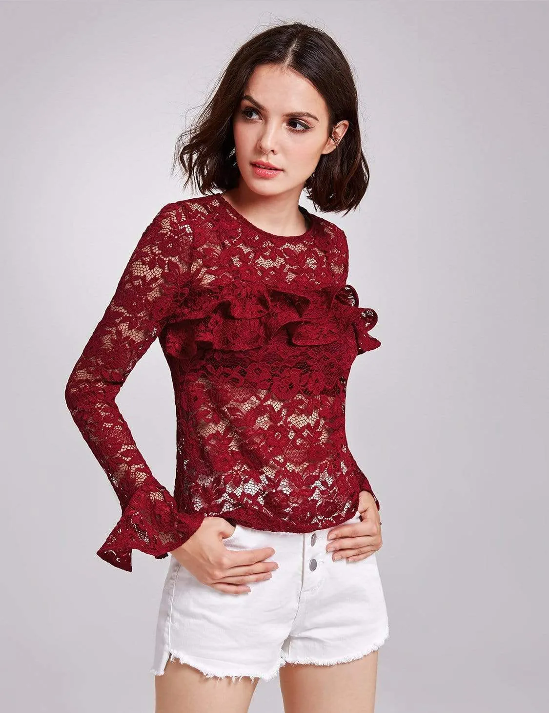Alisa Pan Sheer Lace Long Sleeve Top