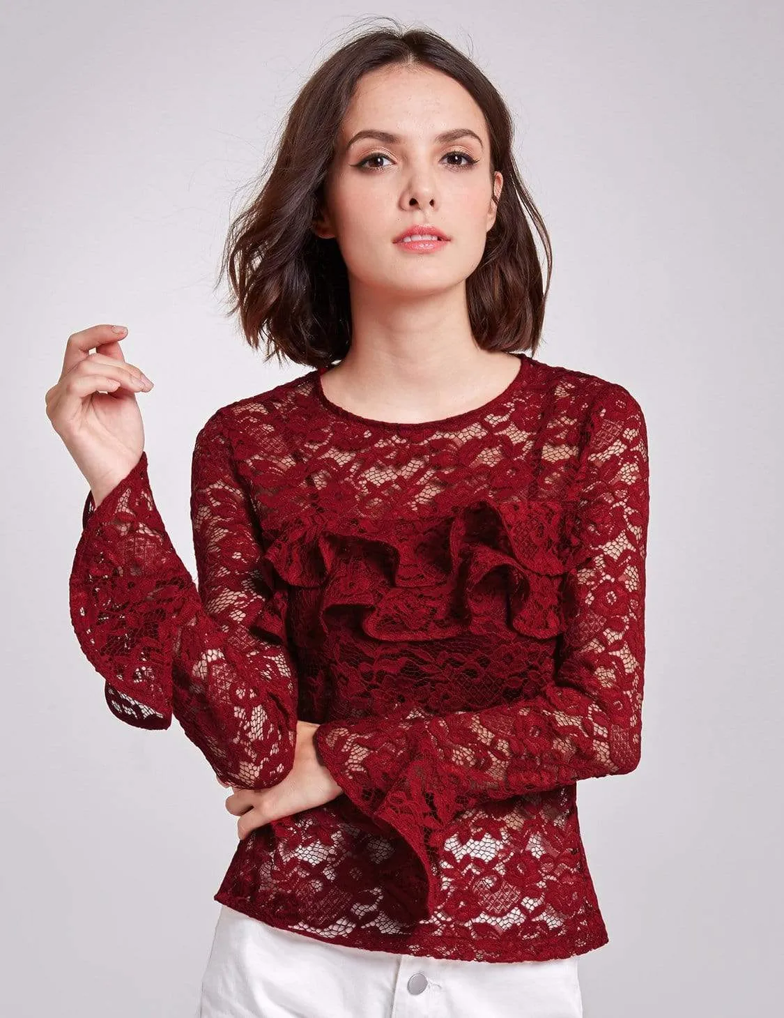 Alisa Pan Sheer Lace Long Sleeve Top