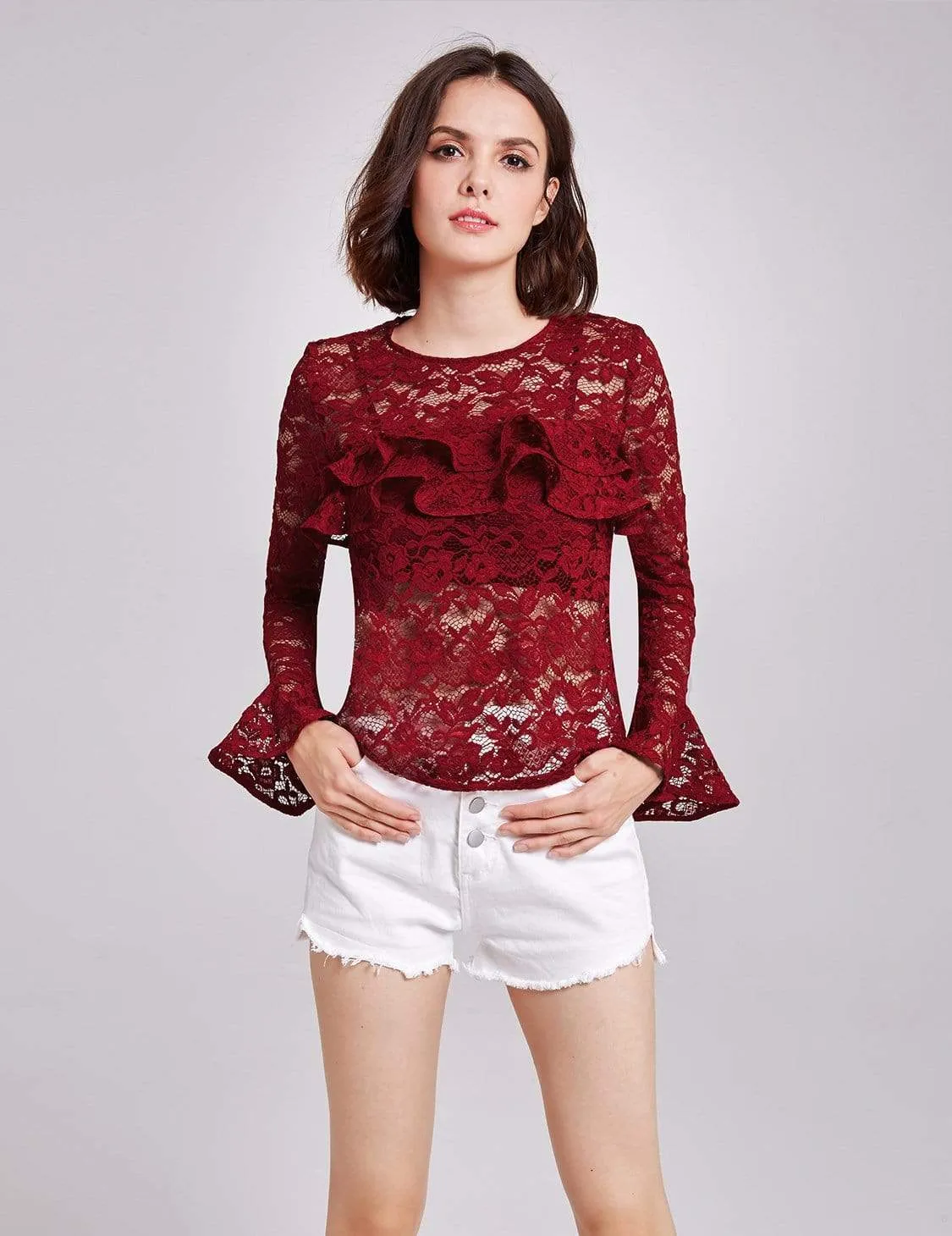 Alisa Pan Sheer Lace Long Sleeve Top