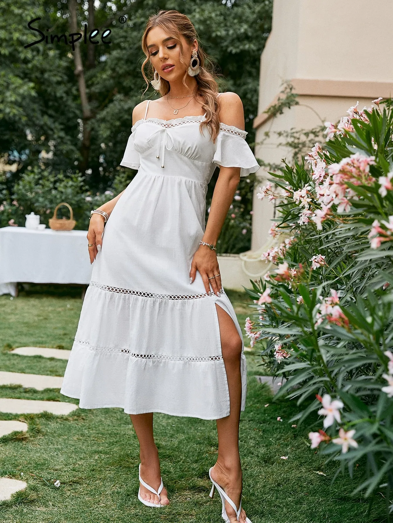 Amozae-Graduation Gift Big Sale Elegant cold shoulder ruffle white summer dress women Cut out lace cotton maxi dresses A-line split holiday vestido 2024