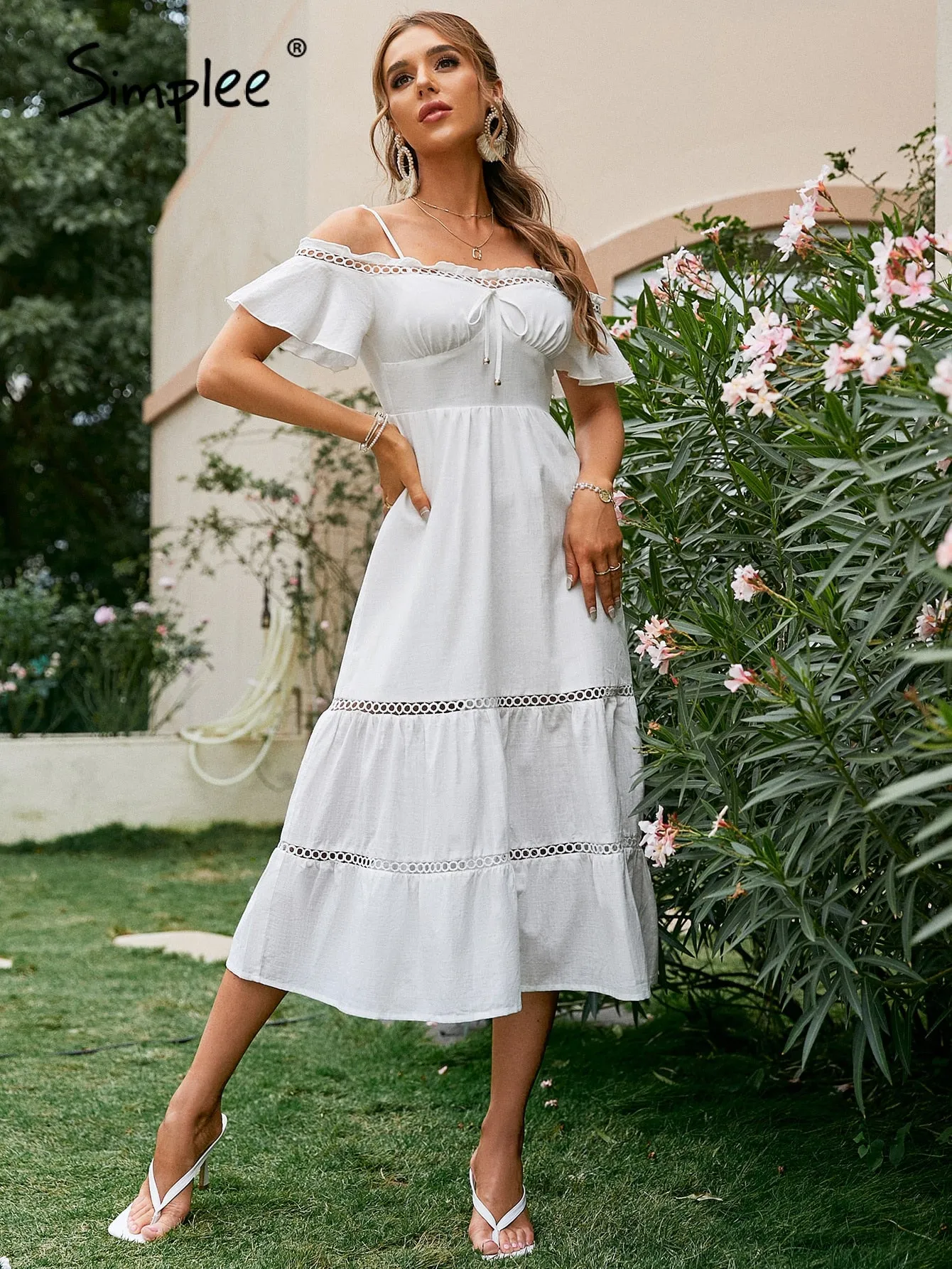 Amozae-Graduation Gift Big Sale Elegant cold shoulder ruffle white summer dress women Cut out lace cotton maxi dresses A-line split holiday vestido 2024
