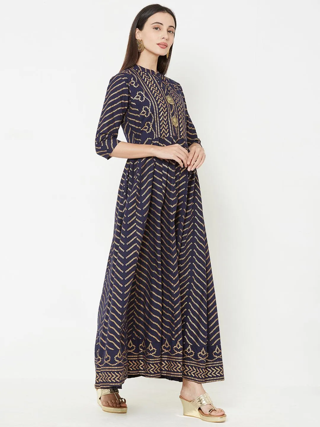 Bandhani Foil Printed Panelled flared Kurta – Indigo Blue