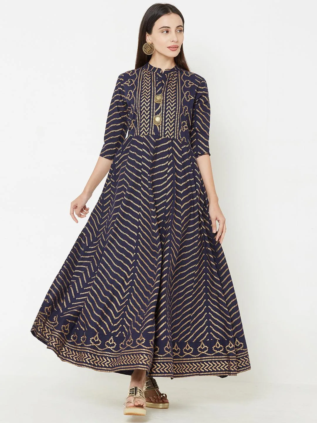 Bandhani Foil Printed Panelled flared Kurta – Indigo Blue