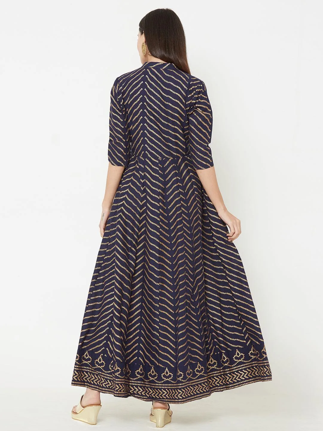 Bandhani Foil Printed Panelled flared Kurta – Indigo Blue