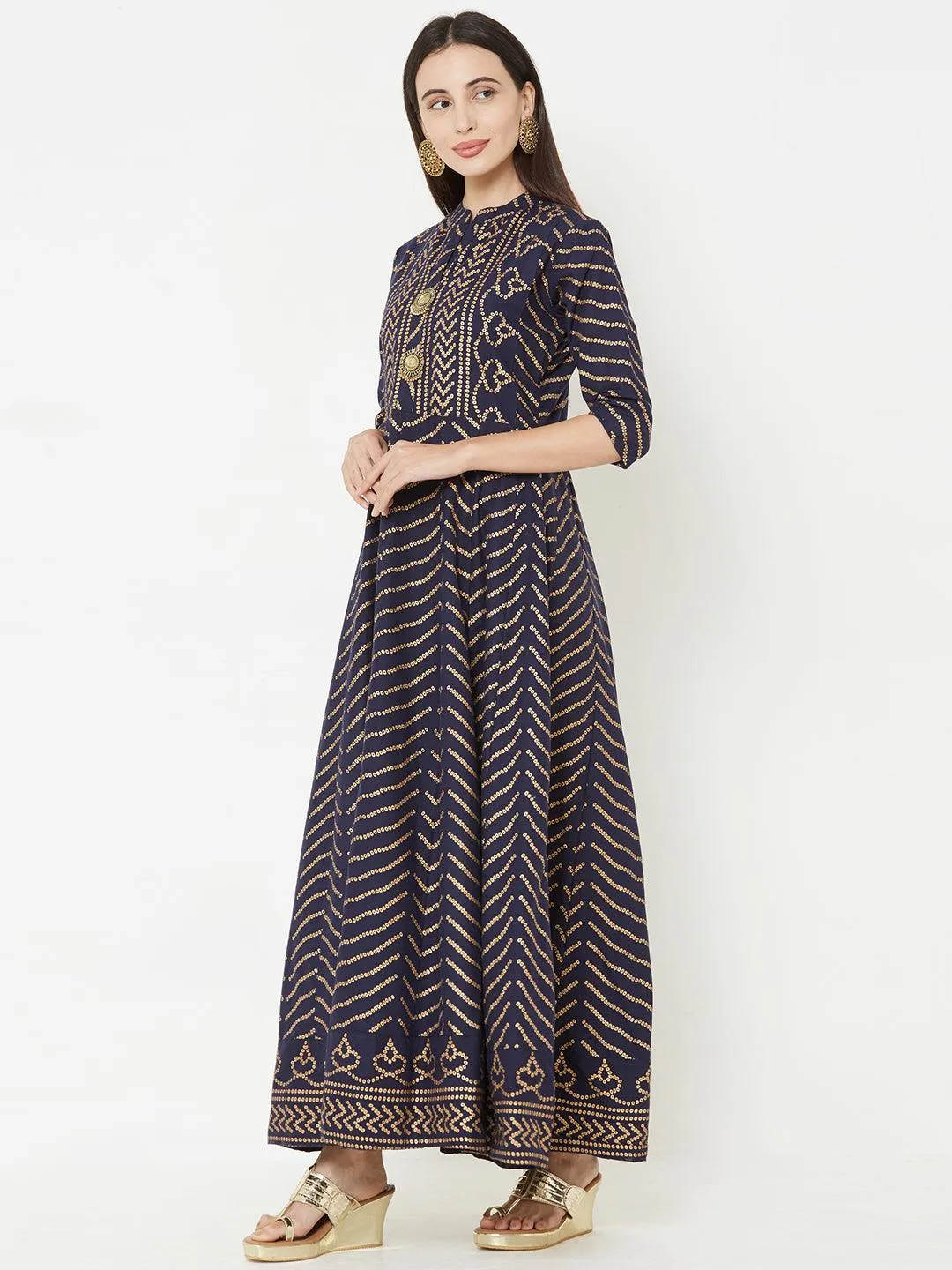 Bandhani Foil Printed Panelled flared Kurta – Indigo Blue