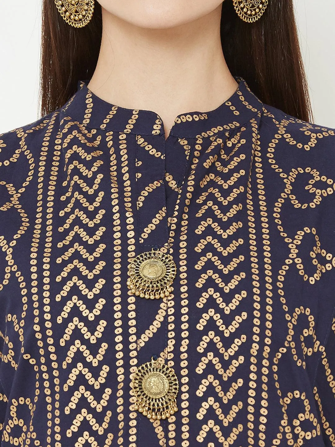Bandhani Foil Printed Panelled flared Kurta – Indigo Blue