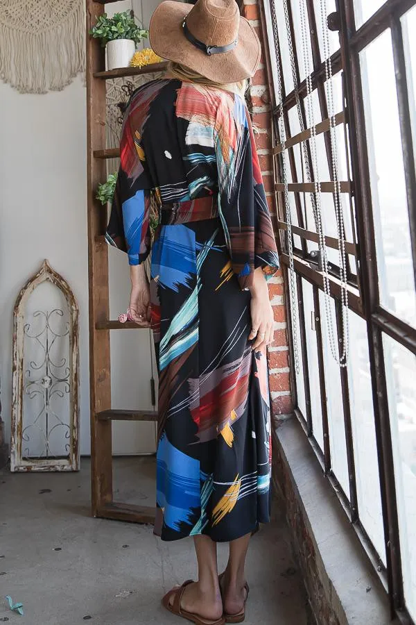 BLACK AND MULTICOLORED MAXI KIMONO WRAP DRESS