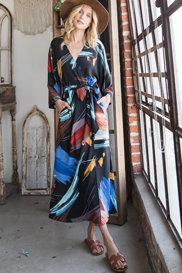 BLACK AND MULTICOLORED MAXI KIMONO WRAP DRESS