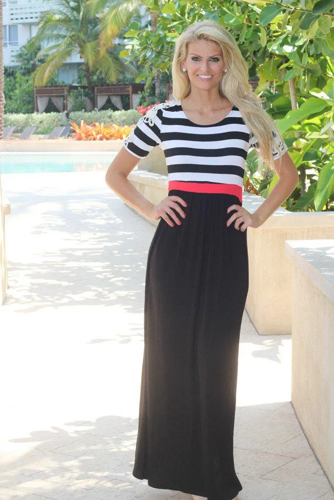 Black Striped Top Maxi Dress with Crochet Sleeves