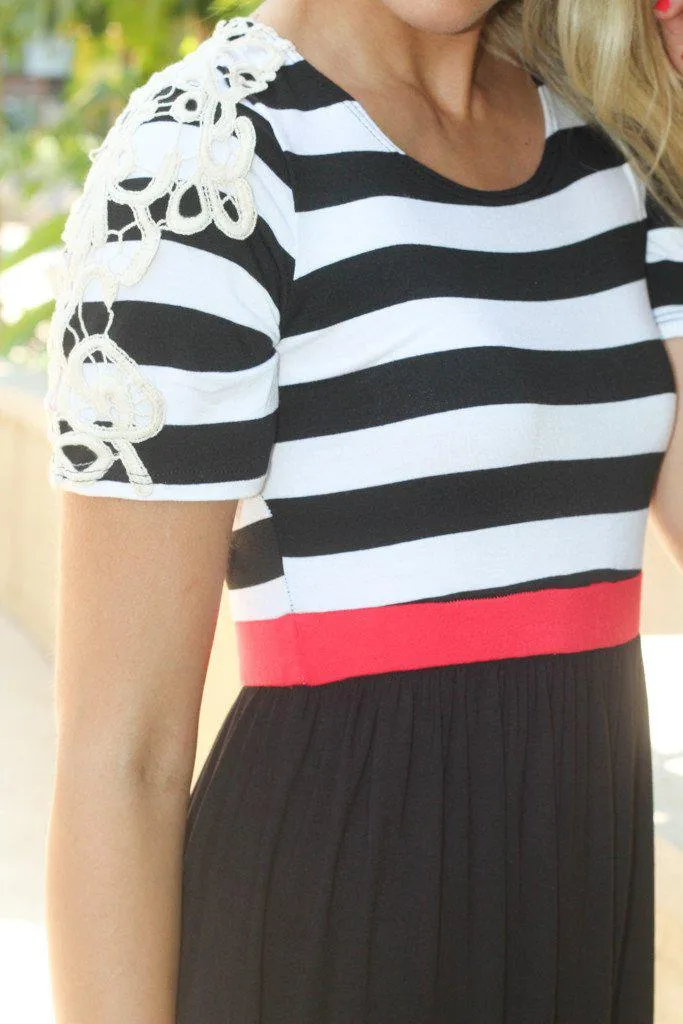 Black Striped Top Maxi Dress with Crochet Sleeves