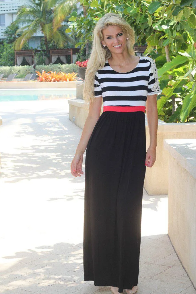 Black Striped Top Maxi Dress with Crochet Sleeves