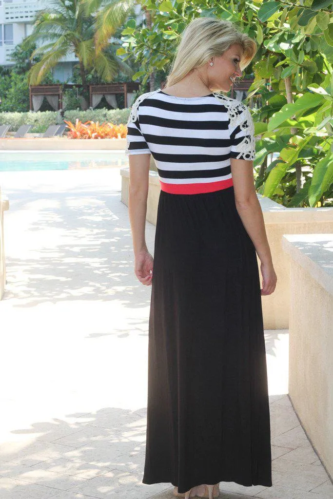 Black Striped Top Maxi Dress with Crochet Sleeves