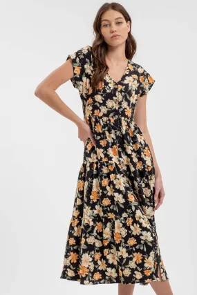 BUTTON DOWN TIERED FLORAL V NECK MIDI DRESS