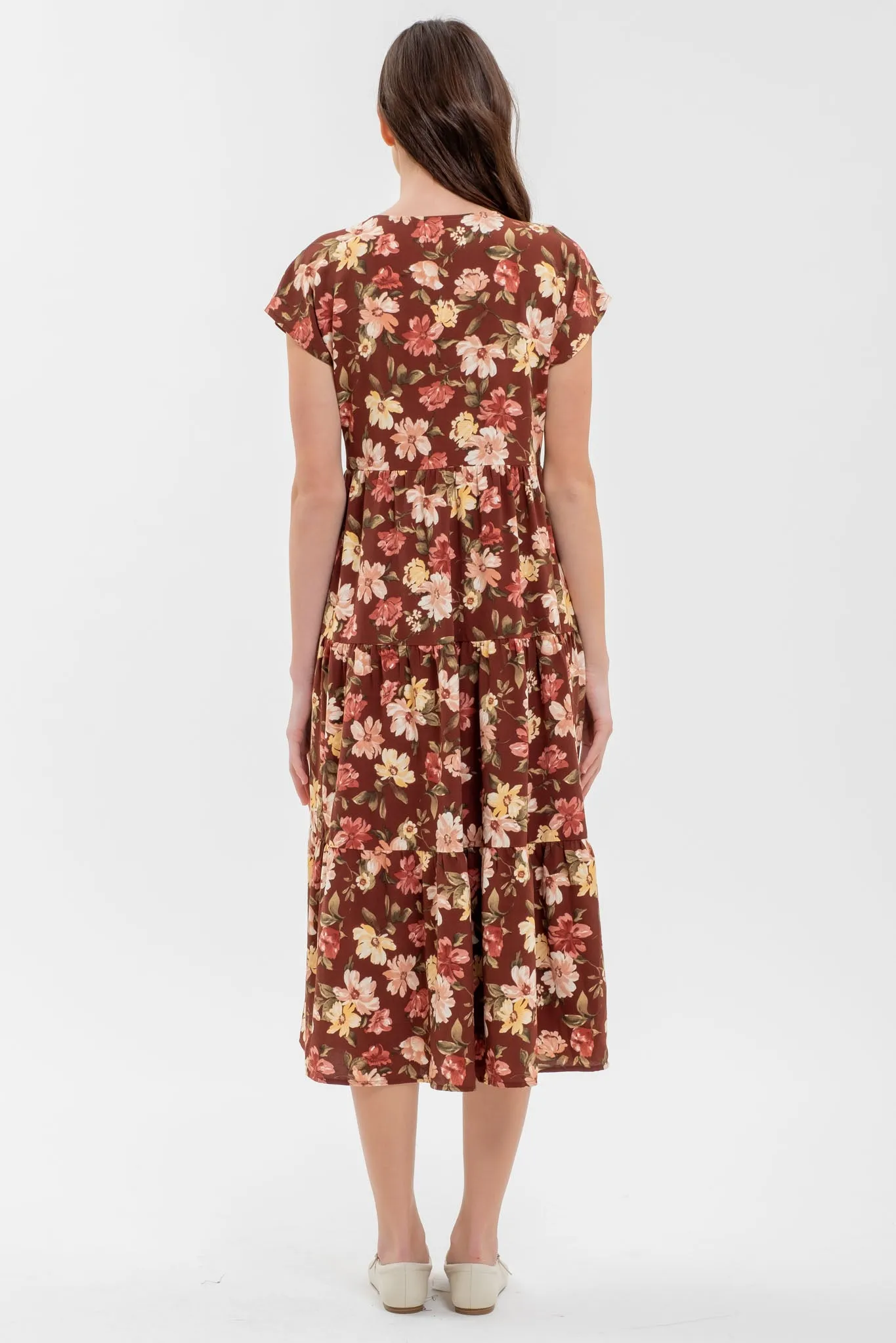 BUTTON DOWN TIERED FLORAL V NECK MIDI DRESS