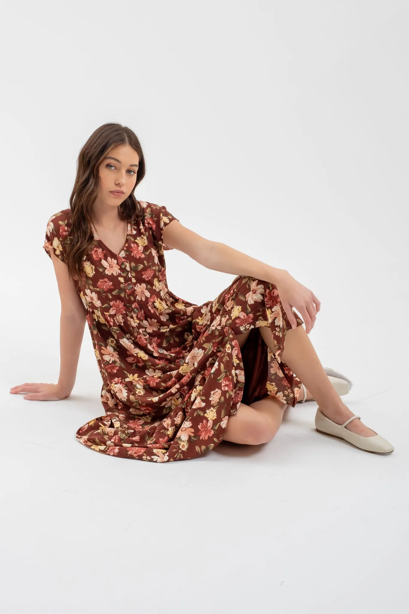 BUTTON DOWN TIERED FLORAL V NECK MIDI DRESS