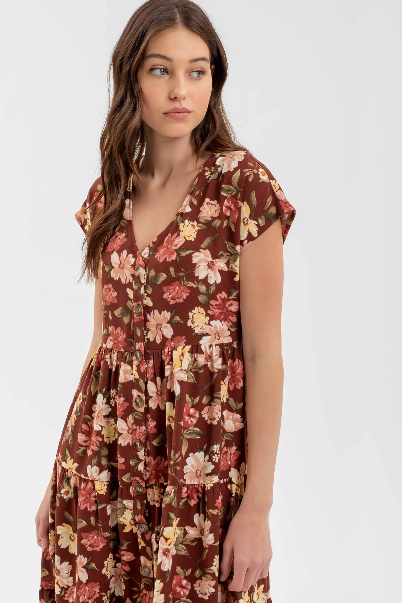 BUTTON DOWN TIERED FLORAL V NECK MIDI DRESS