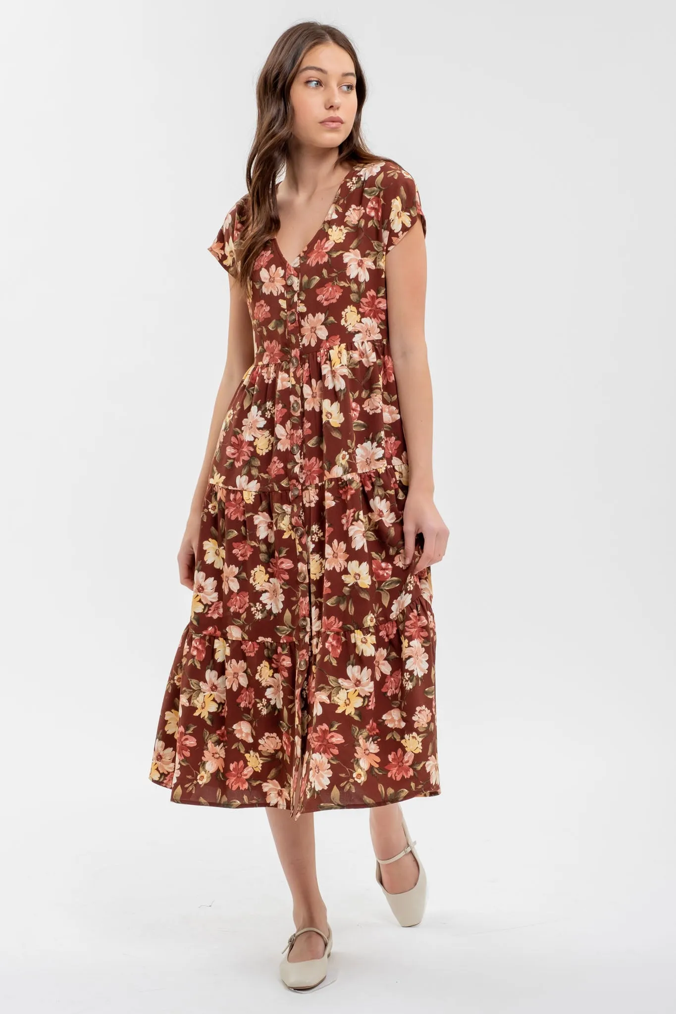 BUTTON DOWN TIERED FLORAL V NECK MIDI DRESS