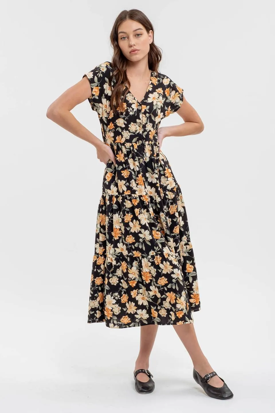 BUTTON DOWN TIERED FLORAL V NECK MIDI DRESS