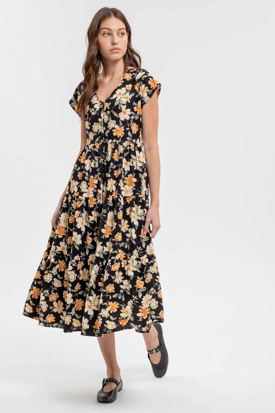 BUTTON DOWN TIERED FLORAL V NECK MIDI DRESS