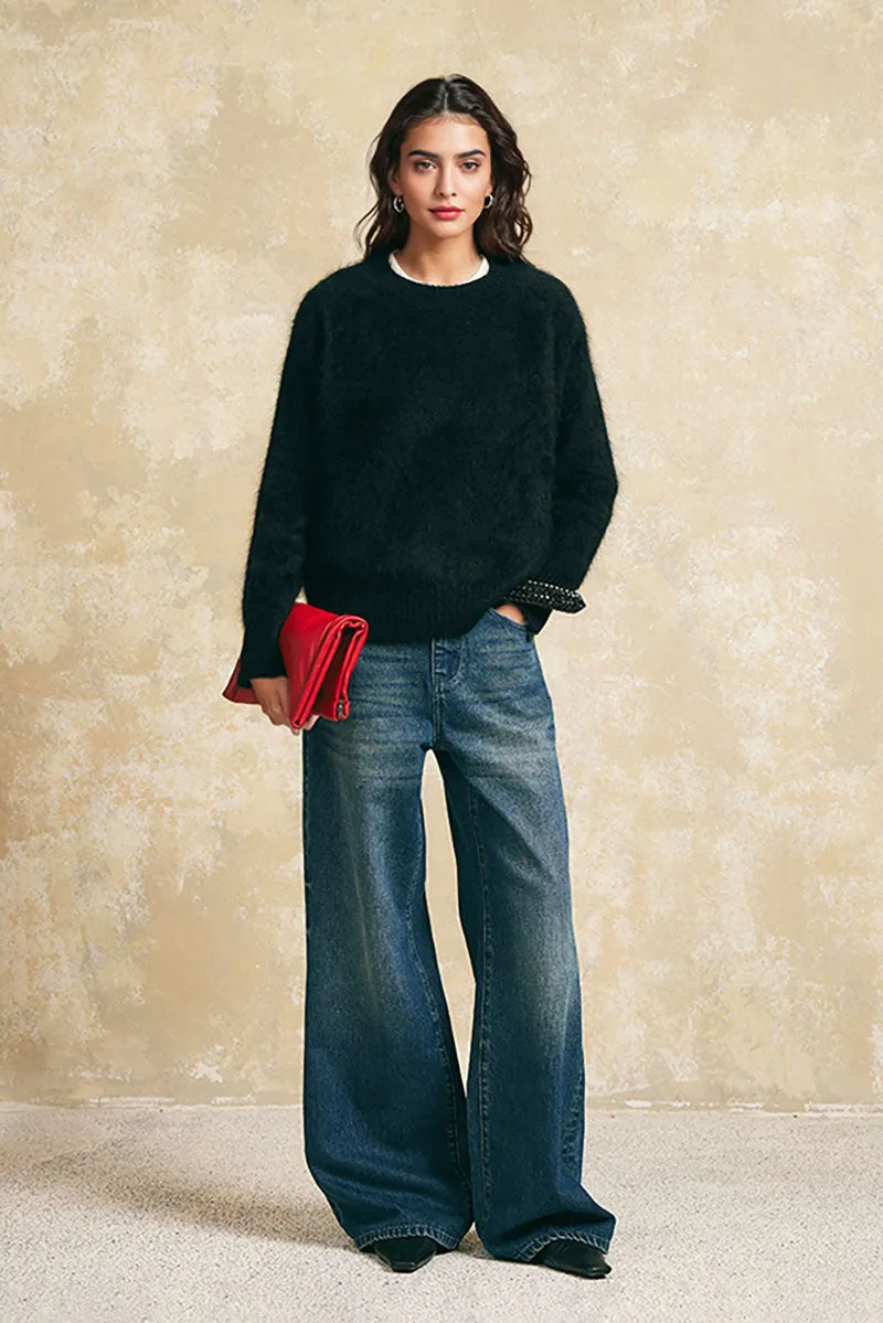 Chunky Brushed Cashmere Boxy Crewneck Pullover Sweater