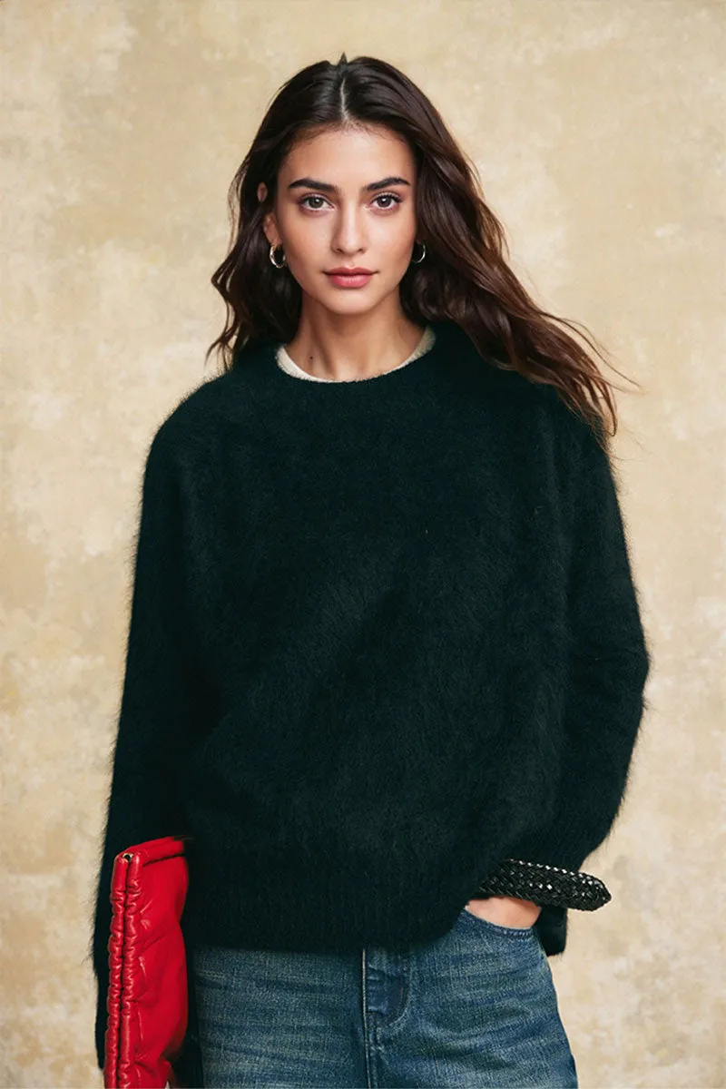 Chunky Brushed Cashmere Boxy Crewneck Pullover Sweater