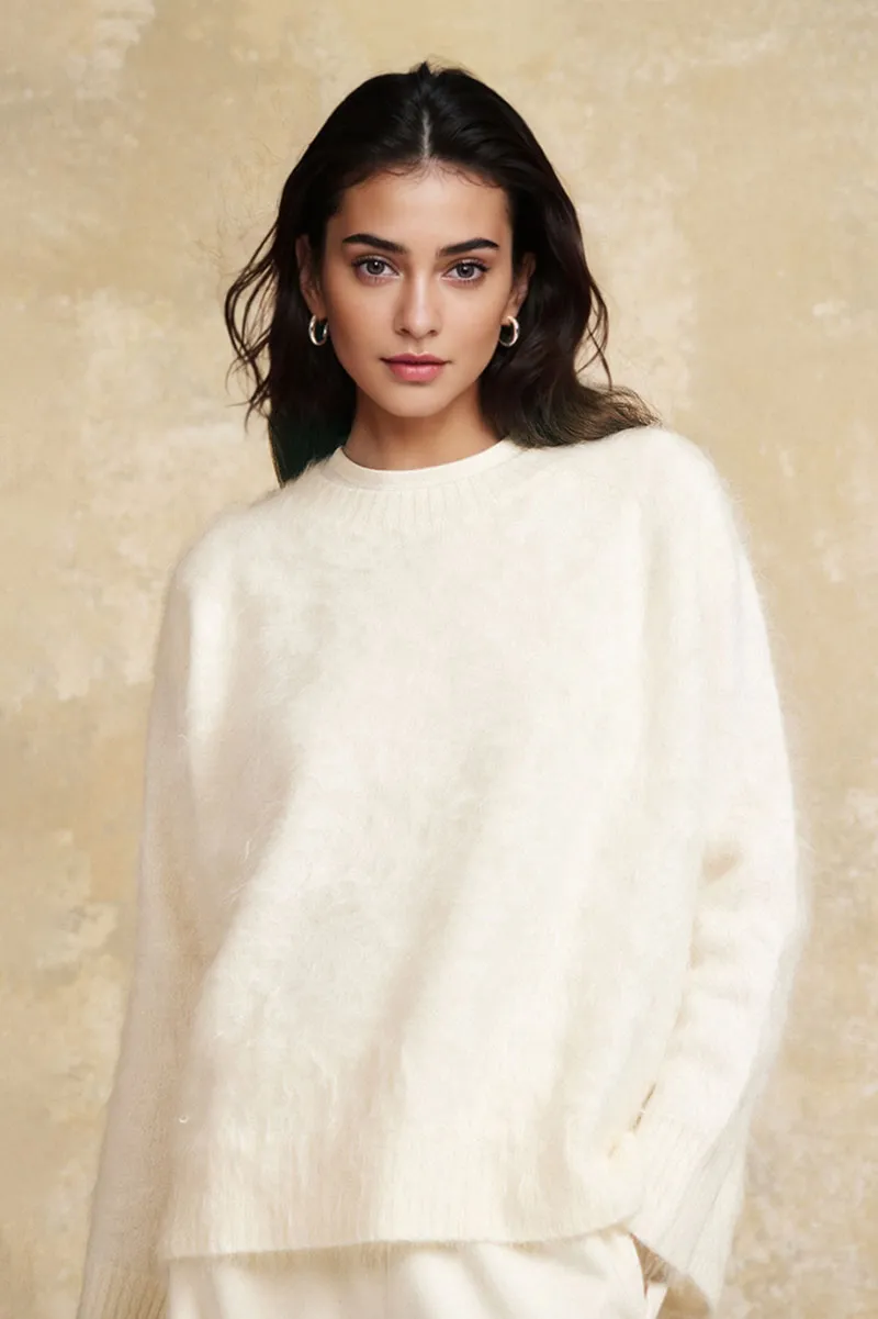 Chunky Brushed Cashmere Boxy Crewneck Pullover Sweater