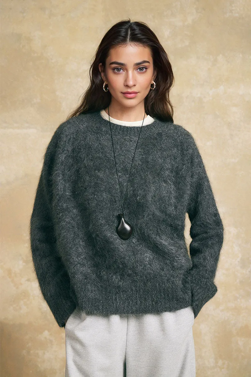 Chunky Brushed Cashmere Boxy Crewneck Pullover Sweater
