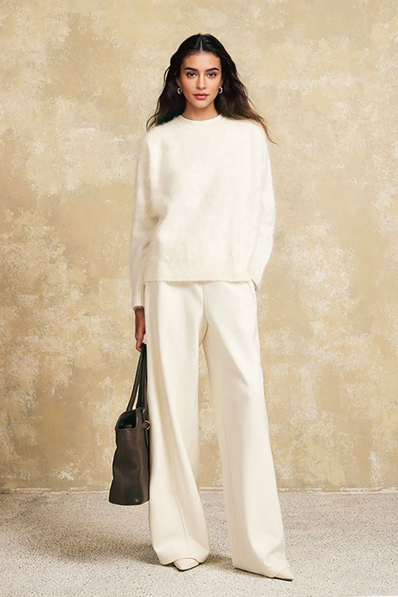 Chunky Brushed Cashmere Boxy Crewneck Pullover Sweater