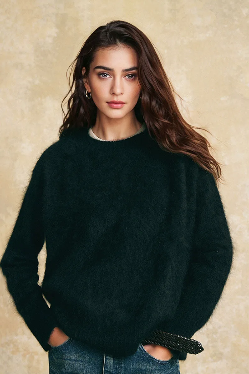 Chunky Brushed Cashmere Boxy Crewneck Pullover Sweater