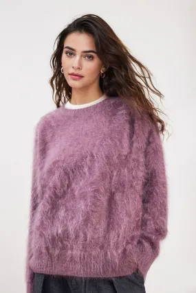 Chunky Brushed Cashmere Boxy Crewneck Pullover Sweater