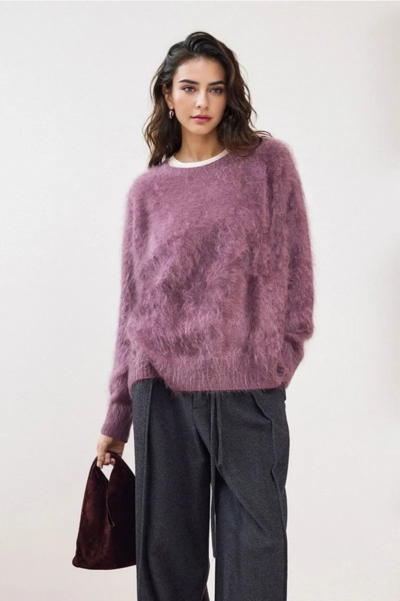 Chunky Brushed Cashmere Boxy Crewneck Pullover Sweater