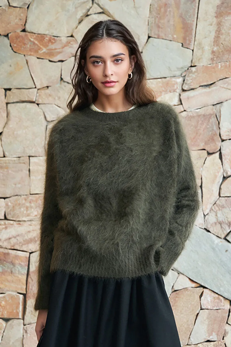 Chunky Brushed Cashmere Boxy Crewneck Pullover Sweater