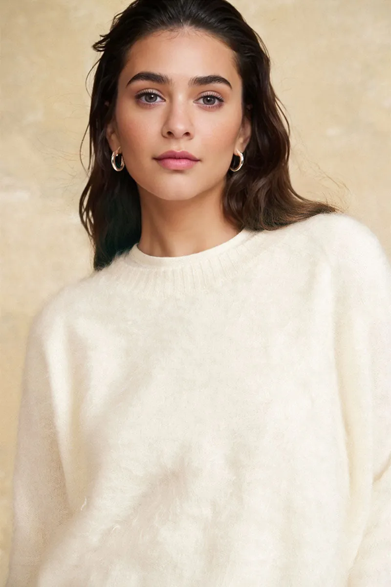 Chunky Brushed Cashmere Boxy Crewneck Pullover Sweater