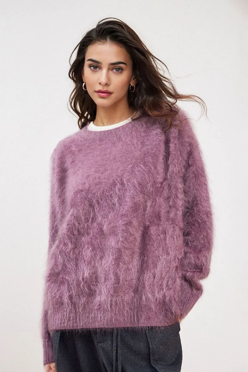 Chunky Brushed Cashmere Boxy Crewneck Pullover Sweater