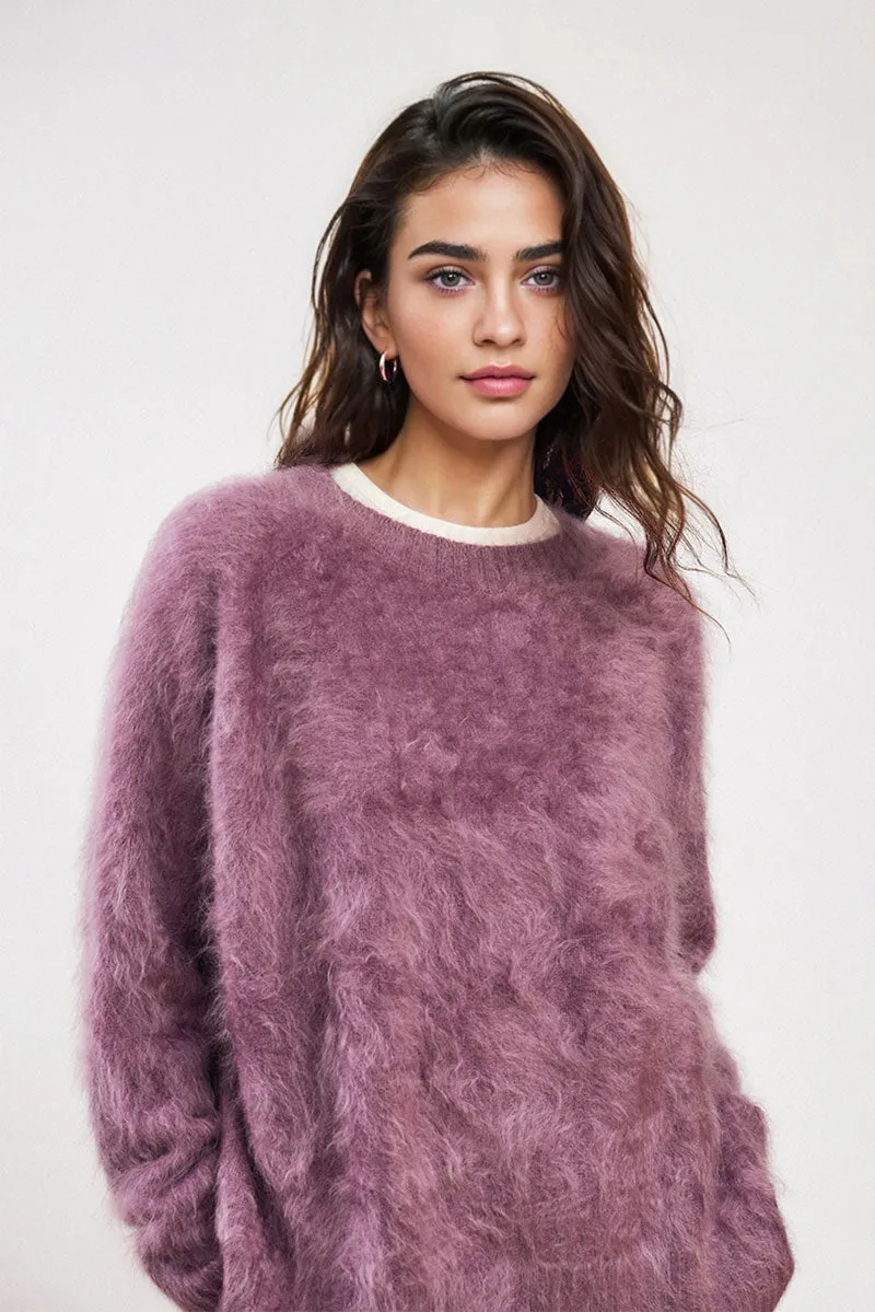 Chunky Brushed Cashmere Boxy Crewneck Pullover Sweater