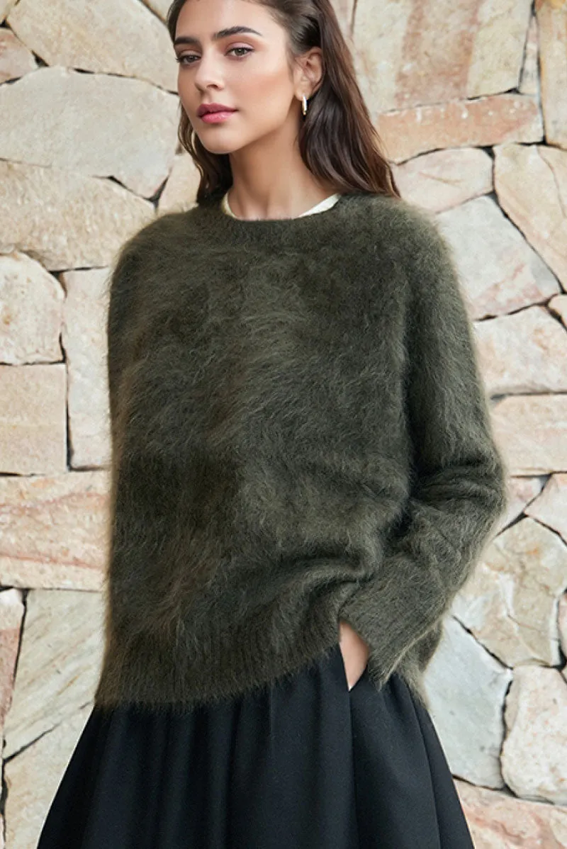Chunky Brushed Cashmere Boxy Crewneck Pullover Sweater