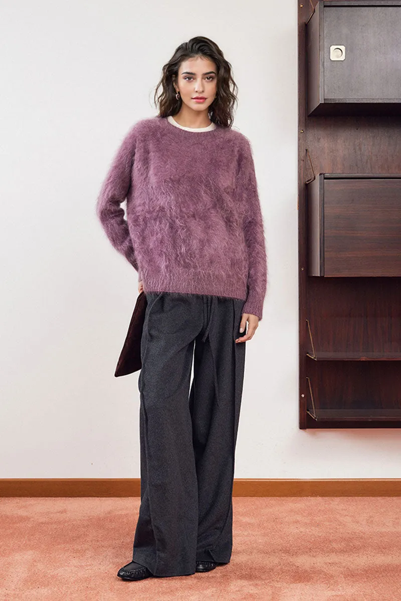 Chunky Brushed Cashmere Boxy Crewneck Pullover Sweater