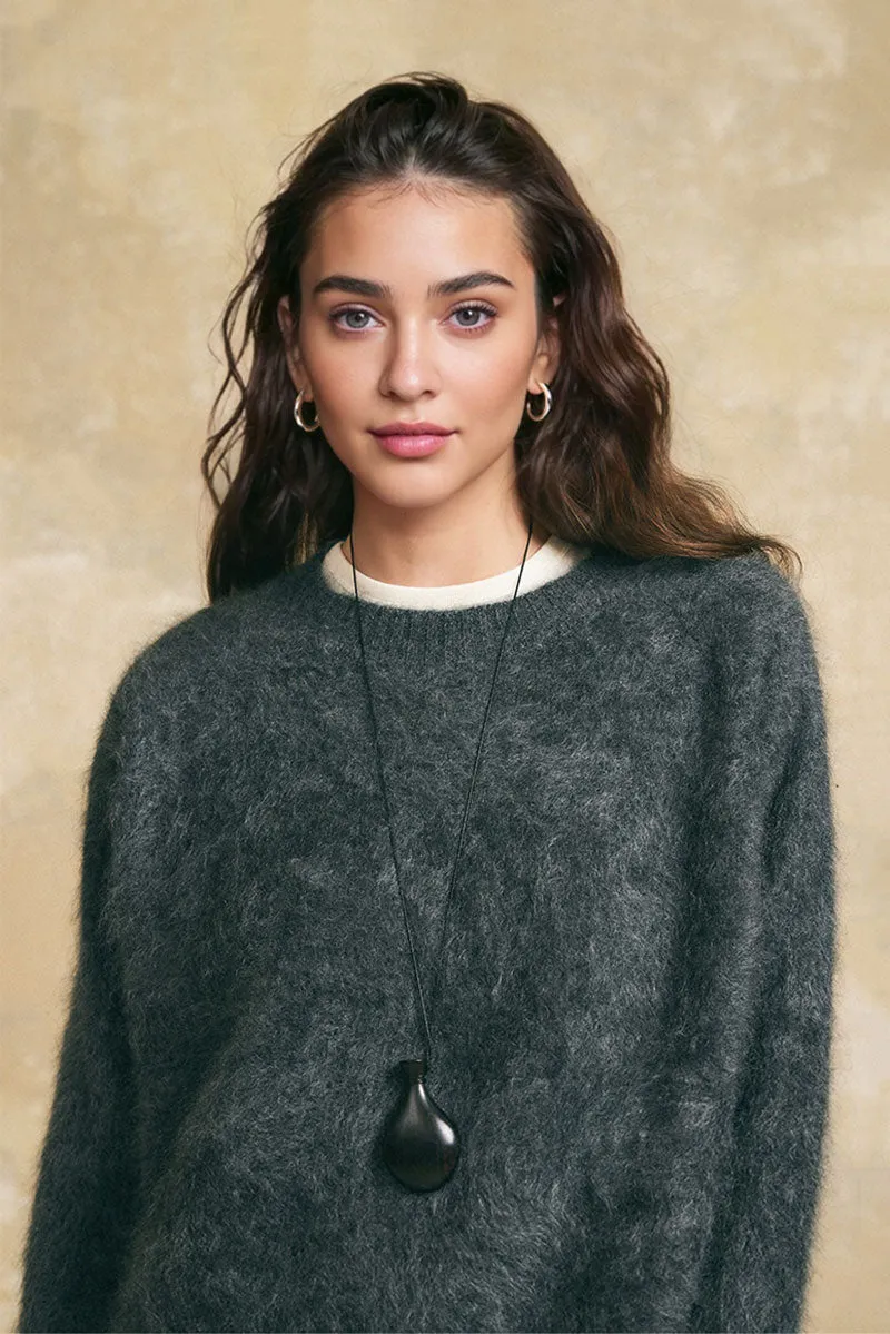 Chunky Brushed Cashmere Boxy Crewneck Pullover Sweater
