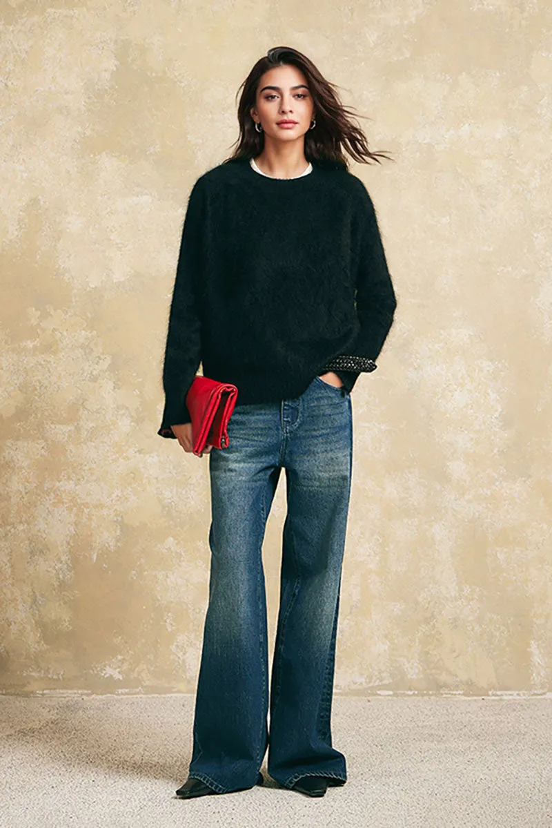 Chunky Brushed Cashmere Boxy Crewneck Pullover Sweater