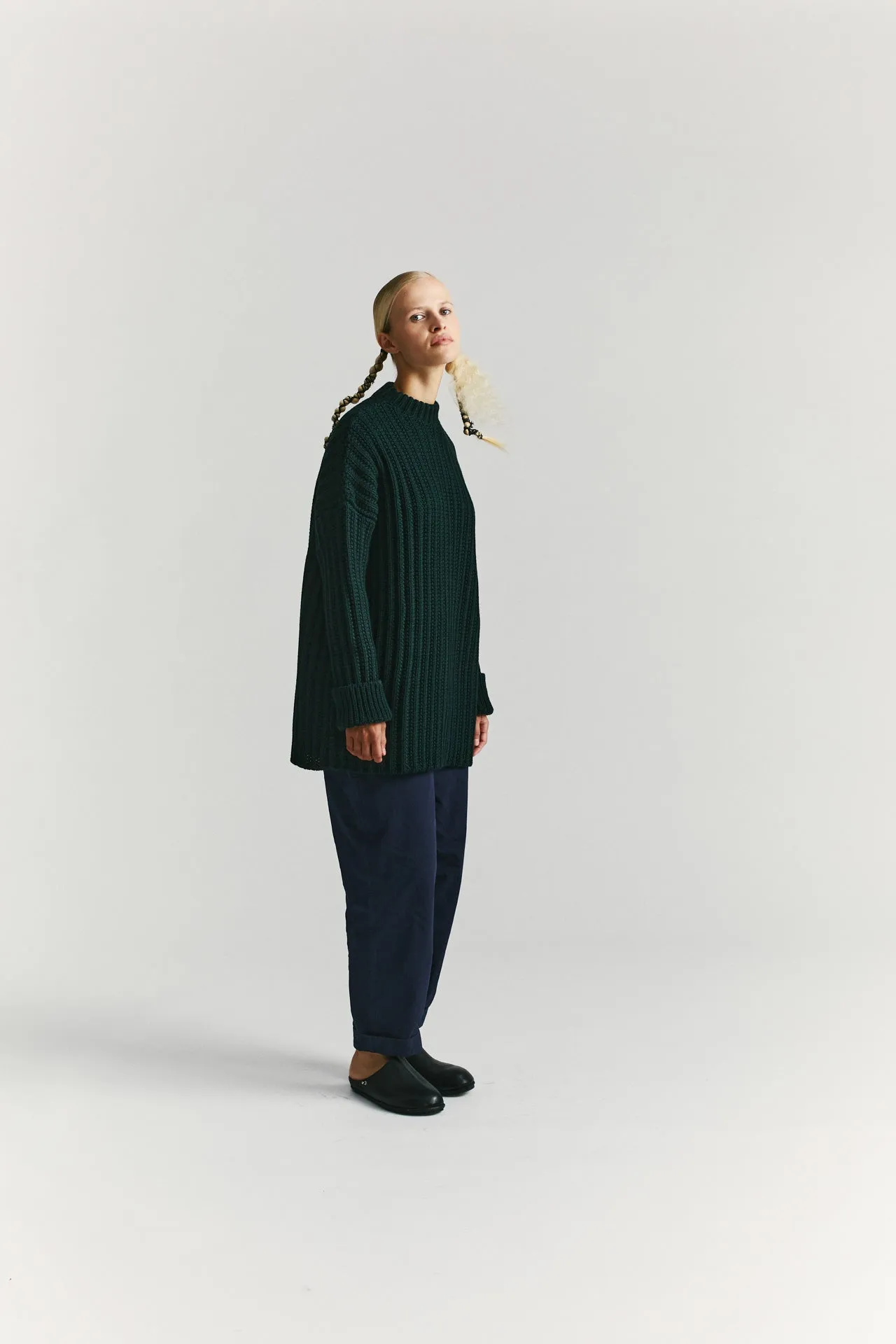 CREW NECK OPEN RIB SWEATER - WOOLY - GREEN