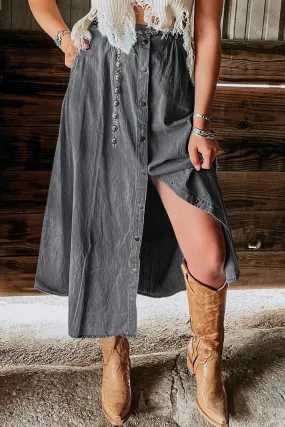 Dark Grey Fully Buttoned Long Denim Skirt | Women