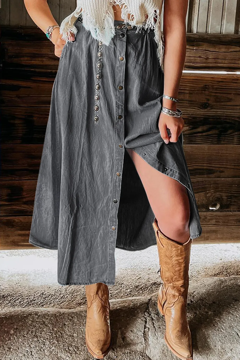 Dark Grey Fully Buttoned Long Denim Skirt | Women