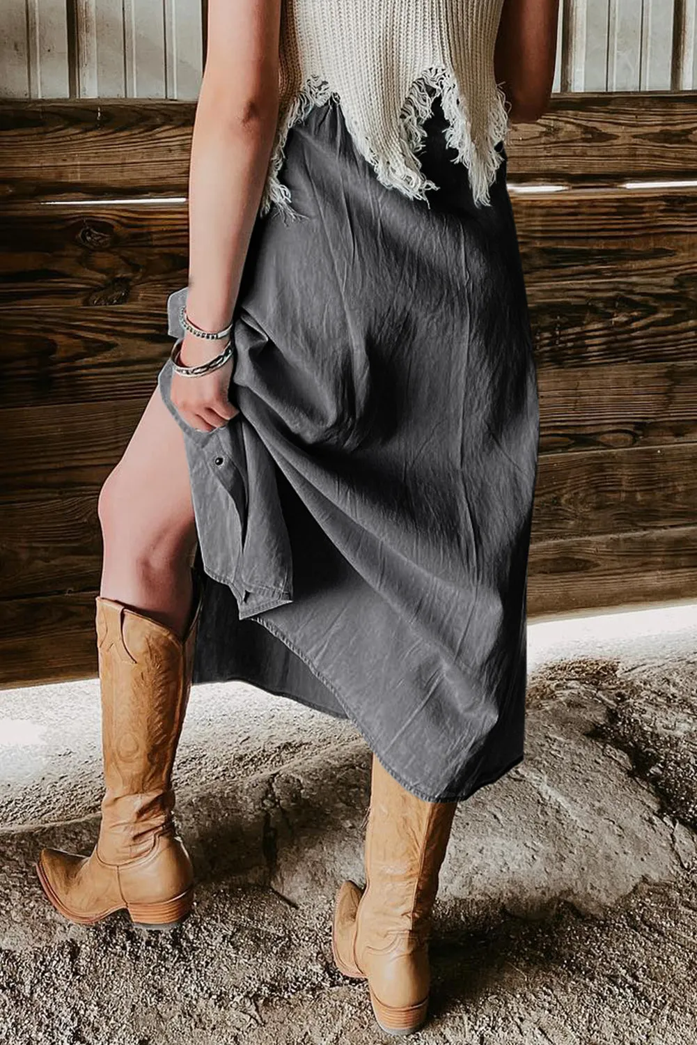 Dark Grey Fully Buttoned Long Denim Skirt | Women
