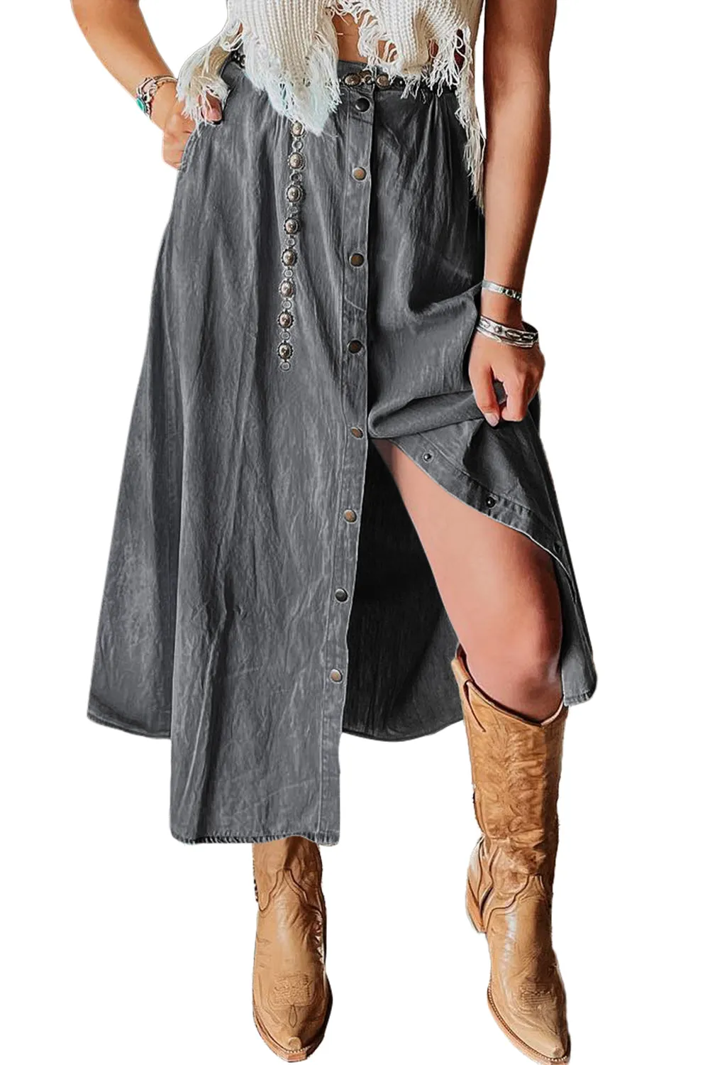 Dark Grey Fully Buttoned Long Denim Skirt | Women