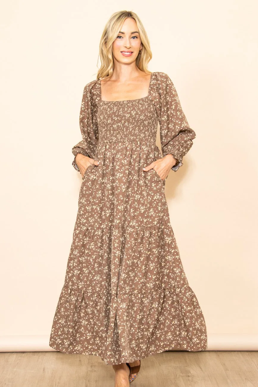 Floral Square Neck Maxi Dress in Mocha Style 1171