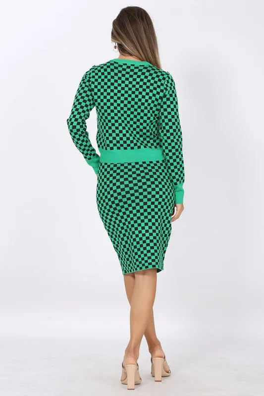 Green Monochrome Check Sweater Set